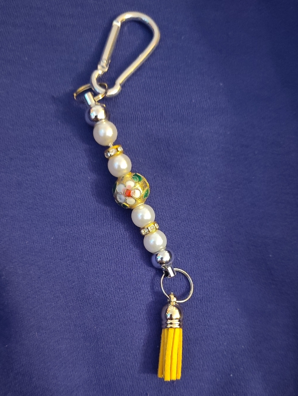 Beaded Tassel Keychain with Yellow Tassel And Vintage Enameled Floral Bead